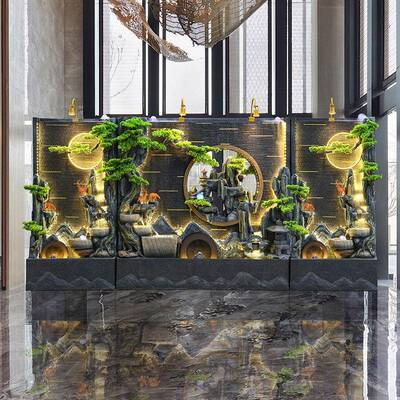 面双池水幕墙水流景假山喷泉循环水墙庭院景观客厅鱼屏风AMC造景