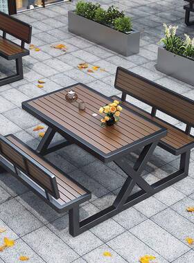 户外塑桌桌椅庭院花园室外露天木公园商用防水网防晒红连体椅ESK