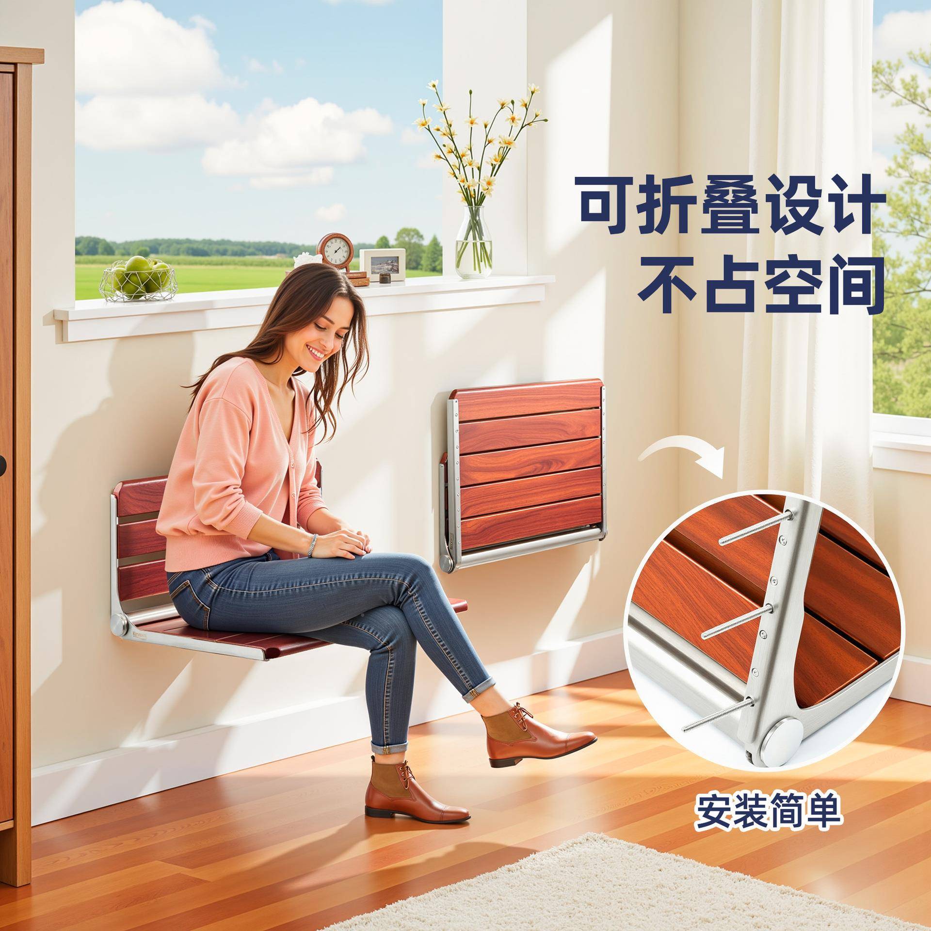 跨境热壁销挂式浴折叠式浴凳实木不锈钢卫墙生间洗澡墙椅安全凳折