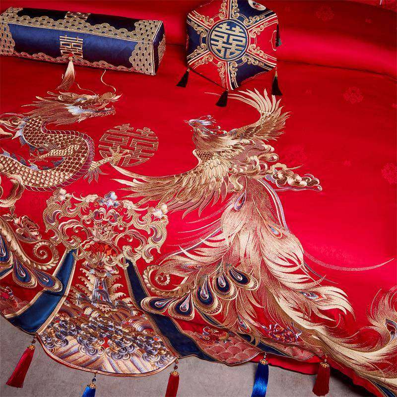 高端1棉21110全刺绣长棉婚支庆四件套纯棉提花大红色绒陪嫁床上用