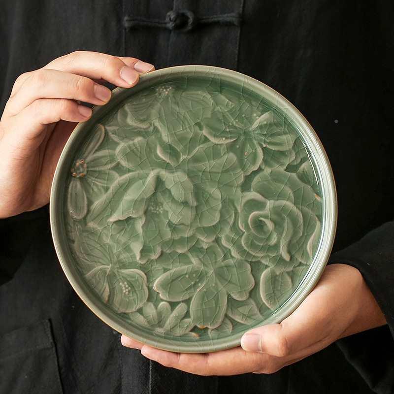 哥窑官窑壶承干泡台瓷655小茶盘果盘壶两用陶开片养壶垫托盘茶道