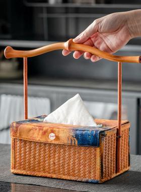 式复客古竹编中织手纸巾盒厅高档艺术感国风餐MTI巾纸提盒摆件纸