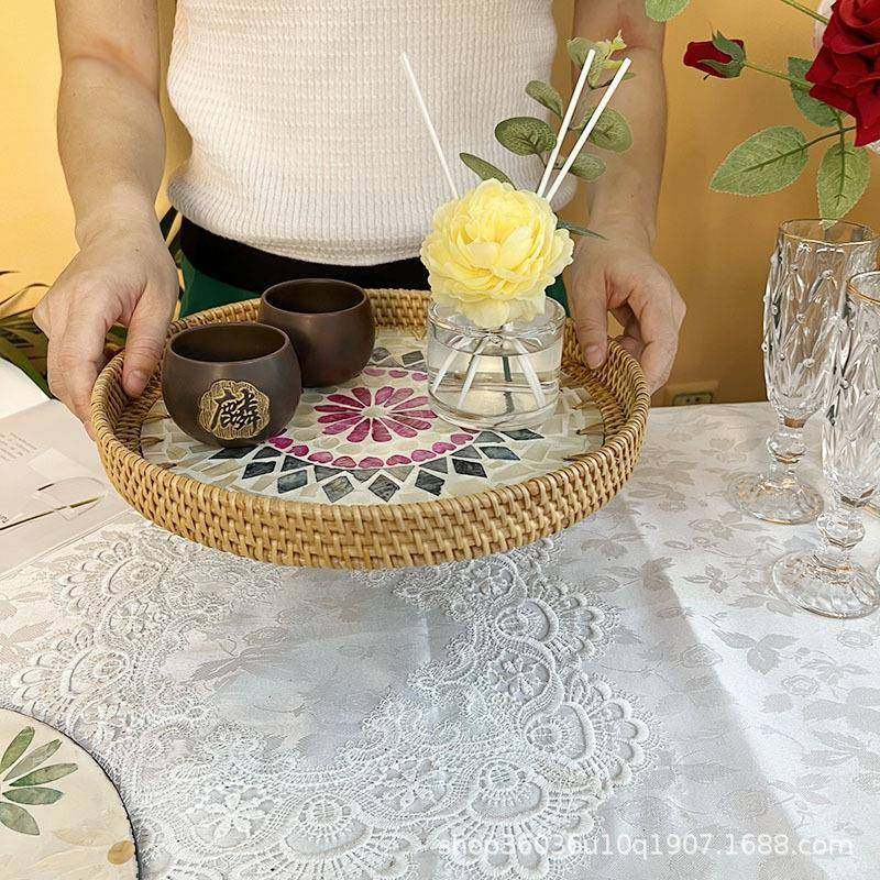 北欧创意手工越南藤编彩贝壳果盘装饰摆件首饰收纳托盘茶盘置物盘,纺织面料/辅料/配套,纺织机械配件,淘宝优惠券,粉丝福利购,淘宝优惠卷