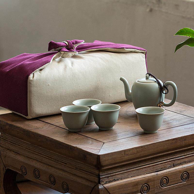 汝道汝窑茶具套装家用中式开片可养汝瓷茶具旅行便携布包一壶四杯