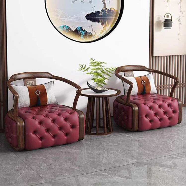 新中式真皮休闲椅三件套太师椅乌金木单人沙发椅阳台客厅网红圈椅