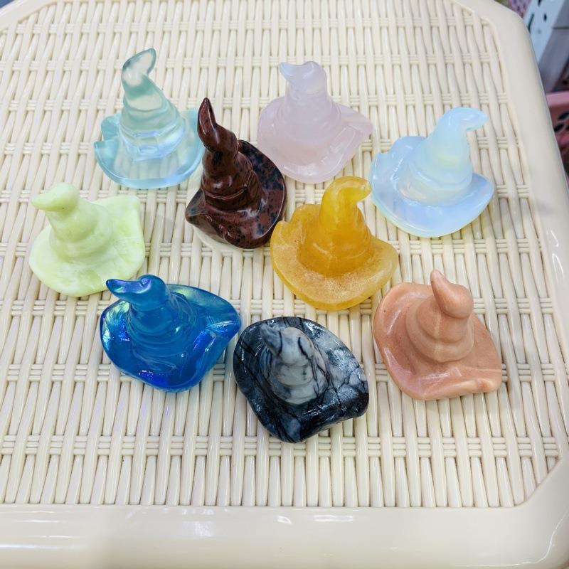 天然水晶米黄玉胭脂玉巫师帽万圣节产品雕刻件水晶摆件