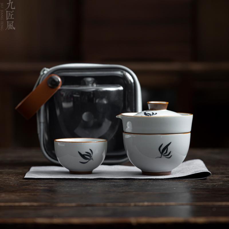 九匠风手绘蝴蝶兰快客杯一壶两杯套装陶瓷露营泡茶壶旅行茶具