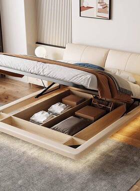 fLE大象耳朵储物悬浮床现代简约主卧双人真皮床奶油风收纳高箱悬