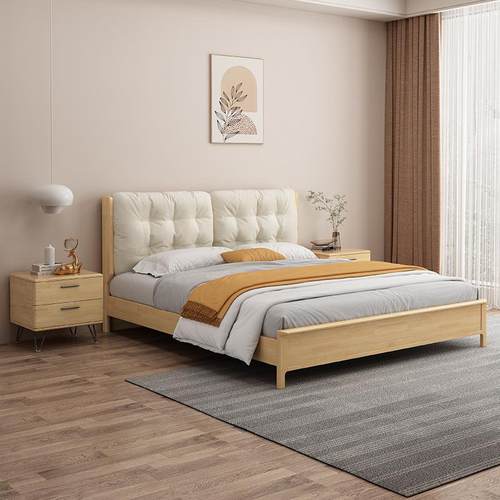 家用轻奢主卧现代简约实木床双人原木床小户型靠背高箱储物云朵床