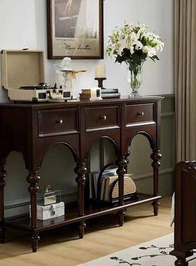 美式实木客厅玄关桌法式复古入户门厅柜简约多功能收纳储物柜子