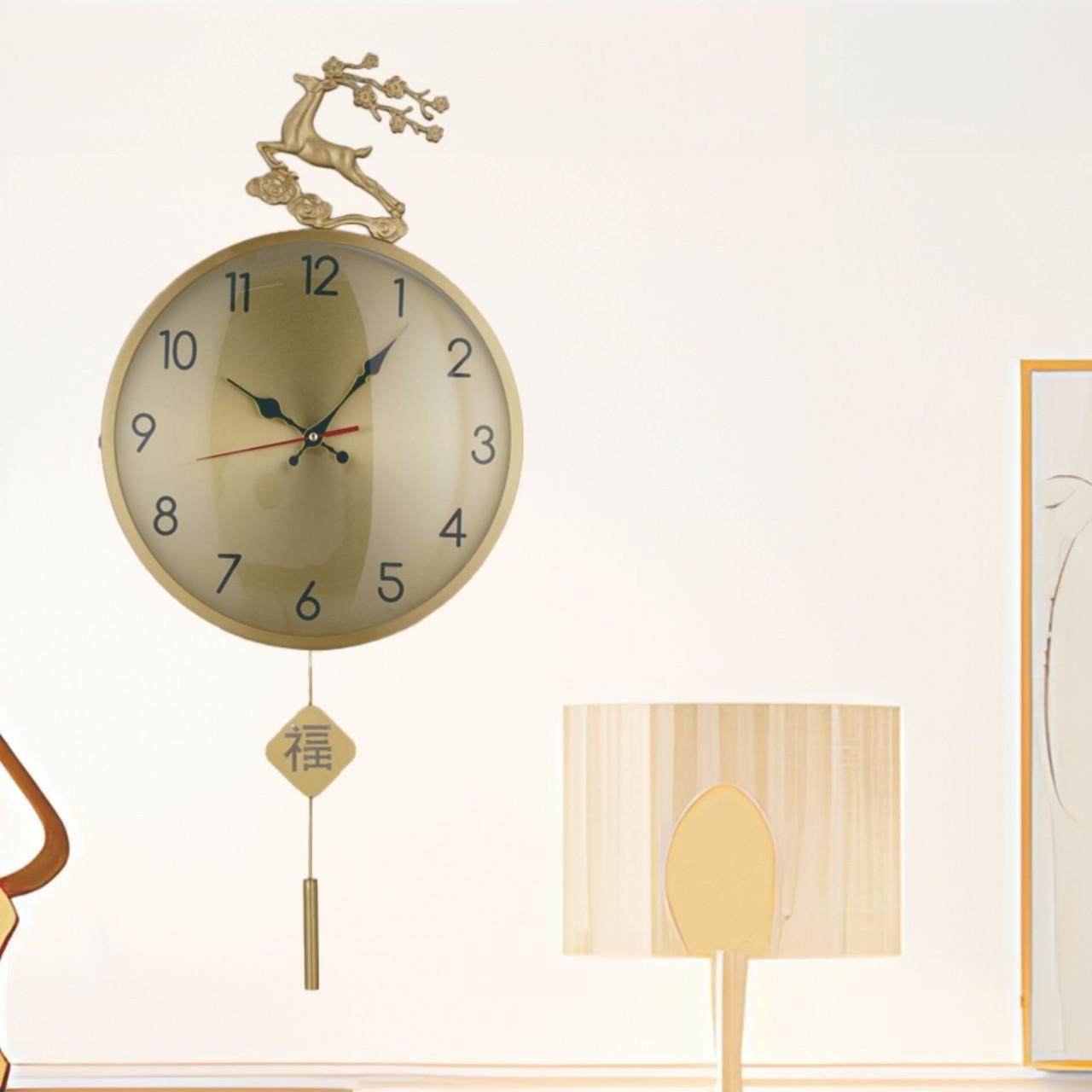 新中式轻奢圆形挂钟客厅全铜简约家用时钟现代装饰挂墙时钟福字钟