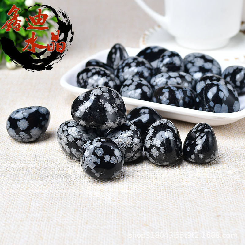 天然雪花黑曜石滚石批发大颗粒抛光打磨碎石鱼缸花盆造景装饰石