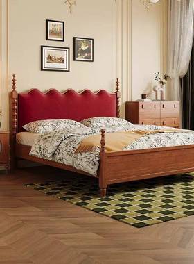 法式复古波浪床中古风实木床1.5/1.8m双人主卧美式床黑色软靠床