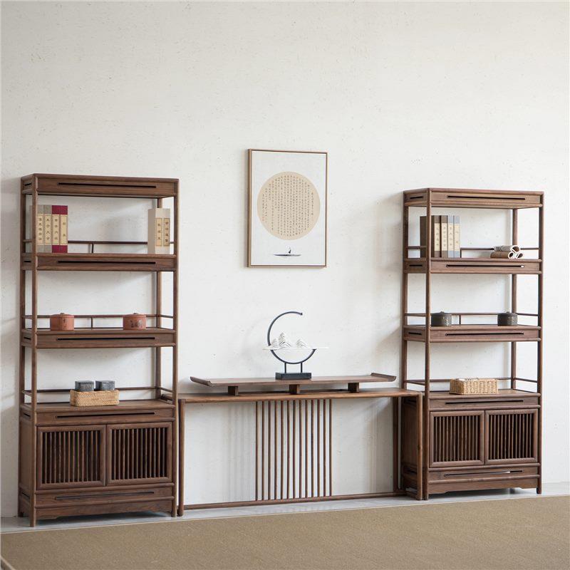 新中式黑胡桃木博古架中式樱桃木书架轻奢实木置物架办公室展