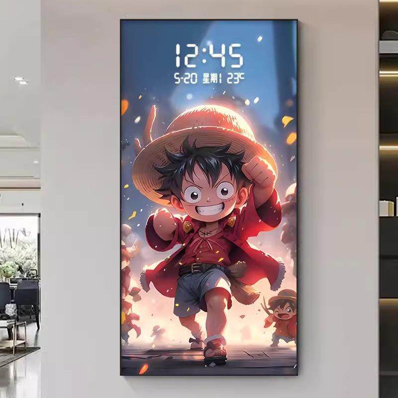2024新款路飞玄关装饰画高级LED数显电子时钟画航海王钟表挂画