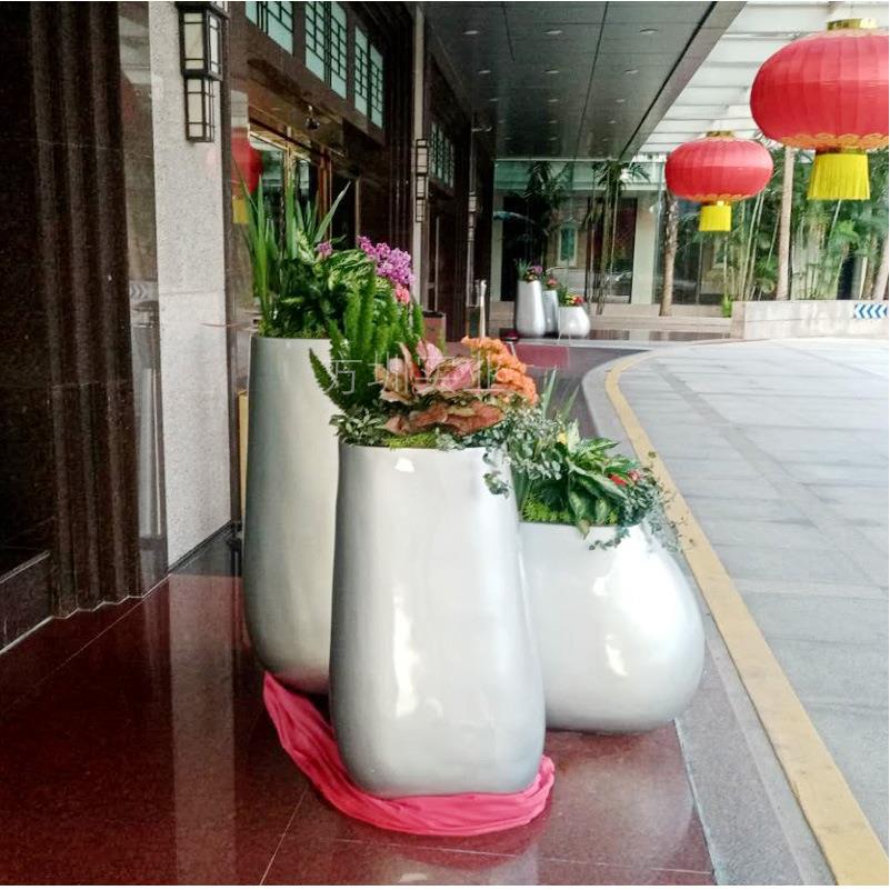 商场现代创意美陈玻璃钢落地式组合花盆酒店大厅庭院装饰椭圆花器