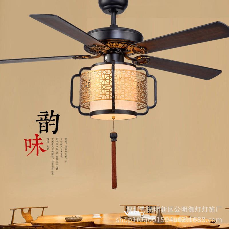 新中式吊扇灯 客厅餐厅卧室风扇灯木叶静音中式LED灯饰电风扇吊灯