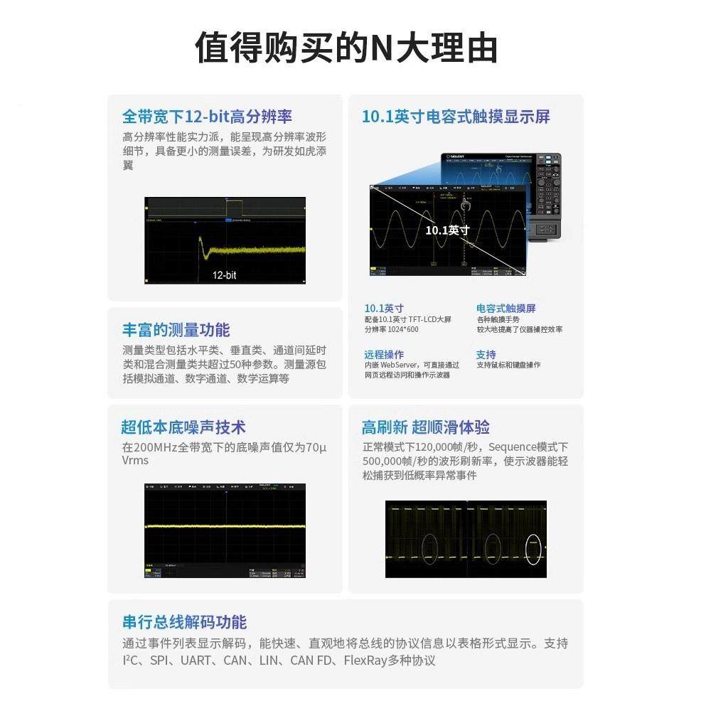 鼎/阳S18809S102/1074/1102/1D1041202XHD高清12bit分7辨率示波器