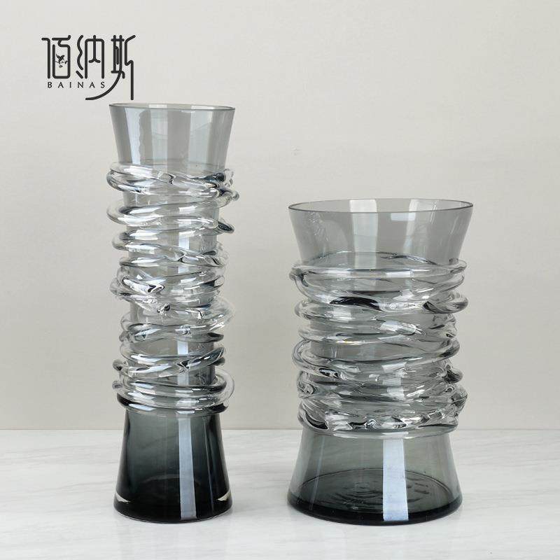 简约轻奢腰部缠丝直筒灰色玻璃插仿真花瓶北欧餐客厅创意家居摆件,智能设备,其他智能设备,淘宝优惠券,粉丝福利购,淘宝优惠卷