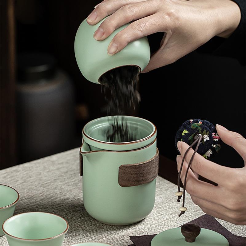旅行茶具小套装便携式茶具汝窑快客杯一壶三杯单人随身户外泡