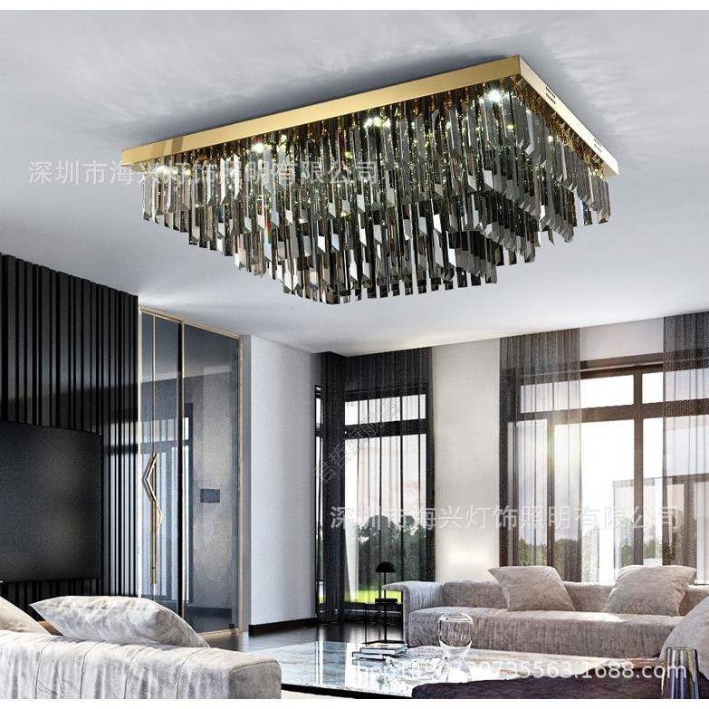 轻奢后现代水晶灯客厅灯长方形大气烟灰色金色吸顶灯卧室书房灯具