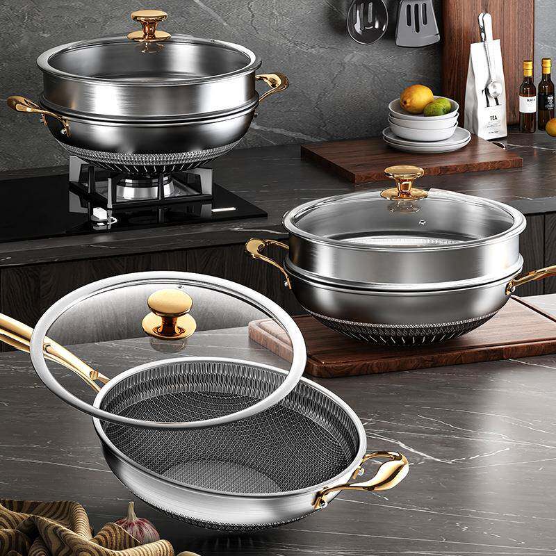 316不锈钢不粘锅带蒸笼厨房多功能家用炒菜锅无涂层2面炒锅平底锅