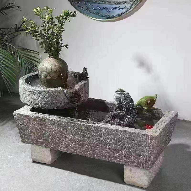 老旧石槽鱼缸鱼池石头石缸养鱼户外庭院石磨青石马槽景观流水摆件