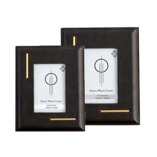 轻奢相框样板间主卧室书桌面摆台样板房皮革金属相框摆件轻奢