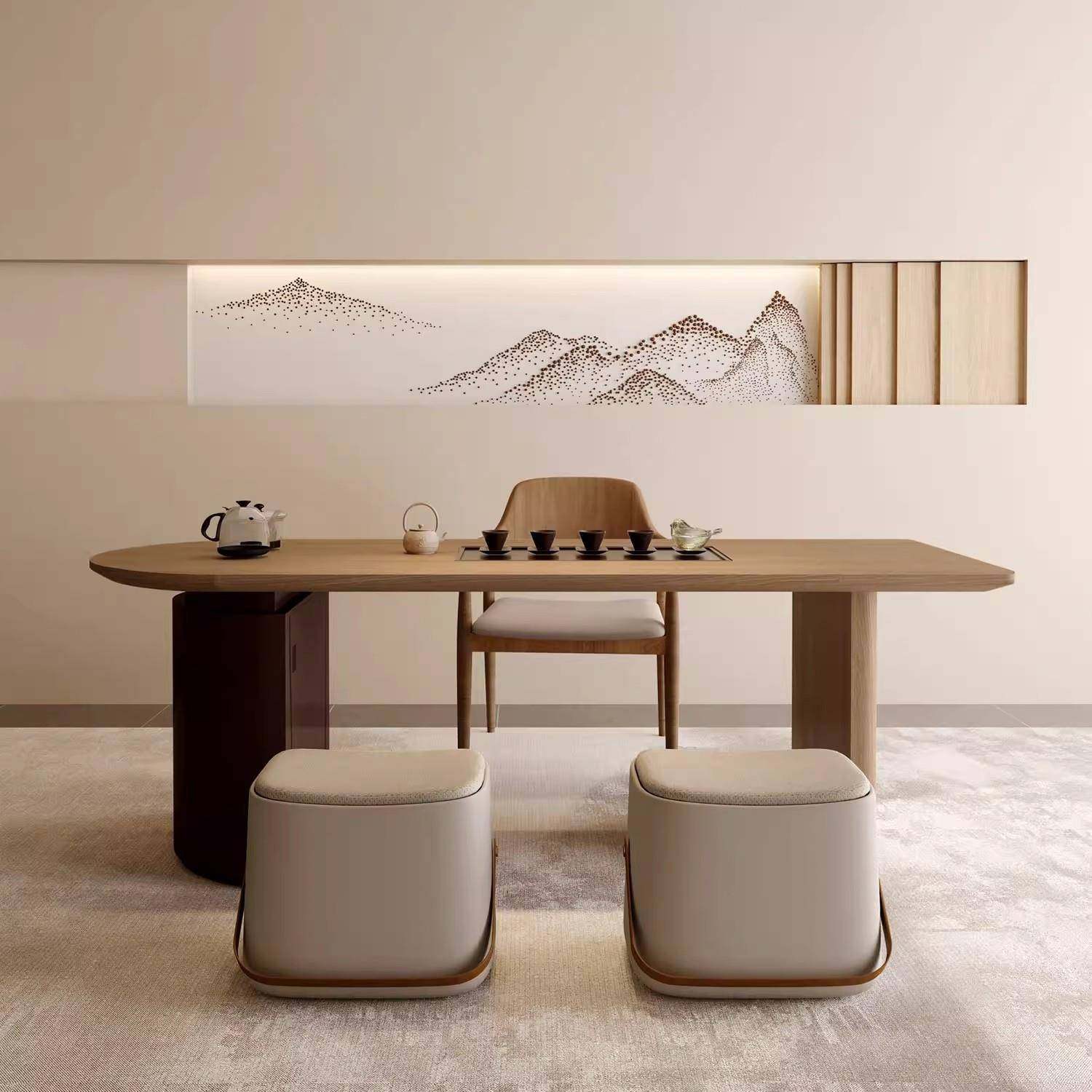 原木风阳台茶桌椅组合家用小型茶台奶油风2025新款高端实木茶桌