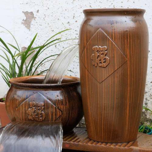 流水陶罐瀑布全套造态景缸养生循环水鱼古法鱼复古过滤器摆件HSJ