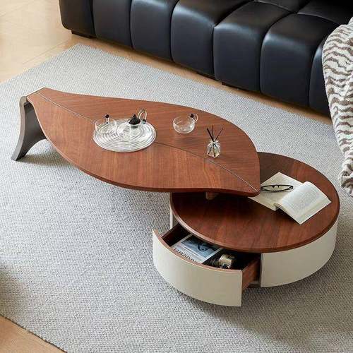 新款意式极简茶几马鞍皮轻奢简约设计师客厅木纹中古风高级感茶几