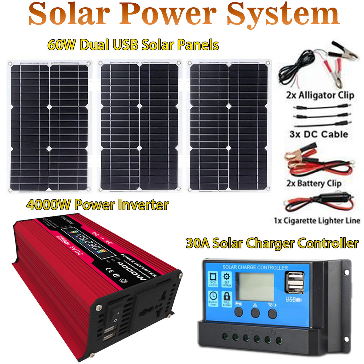 跨境太阳能系统套装300W12V220V/110V+60W18V太阳能板+30A控制器