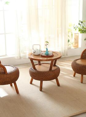 OQ5M榻榻米藤椅阳台座椅靠背椅家用圆凳矮凳藤编坐凳田园编织