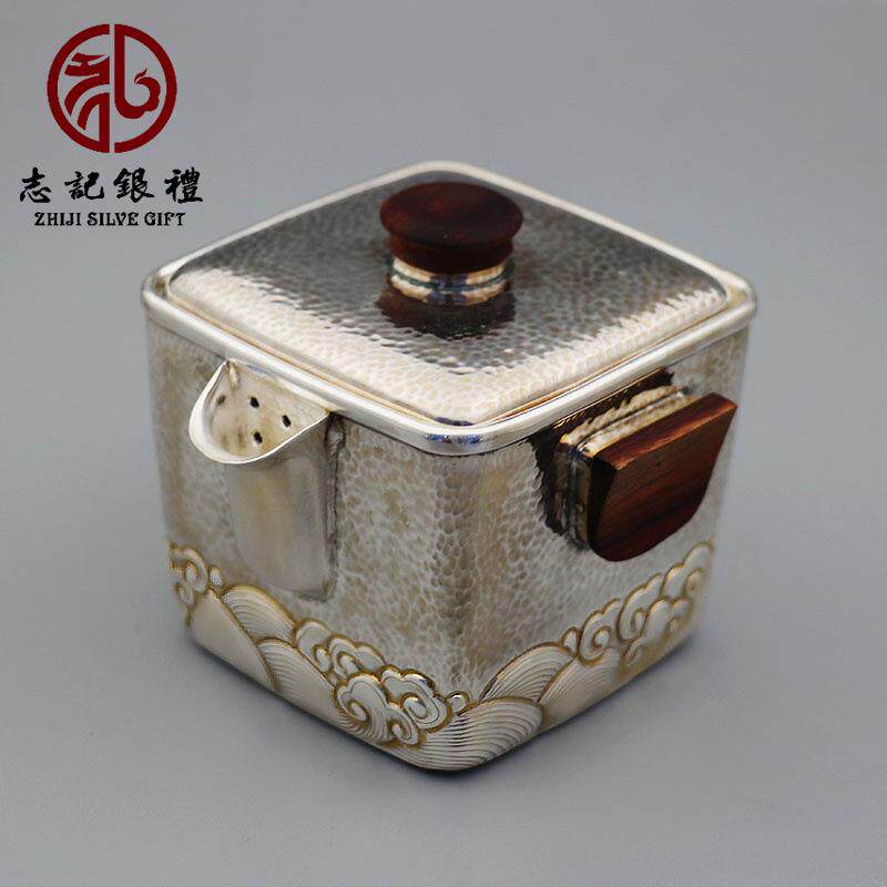 银壶茶具小茶壶泡茶壶分茶器两用纯手工四方壶福如东海