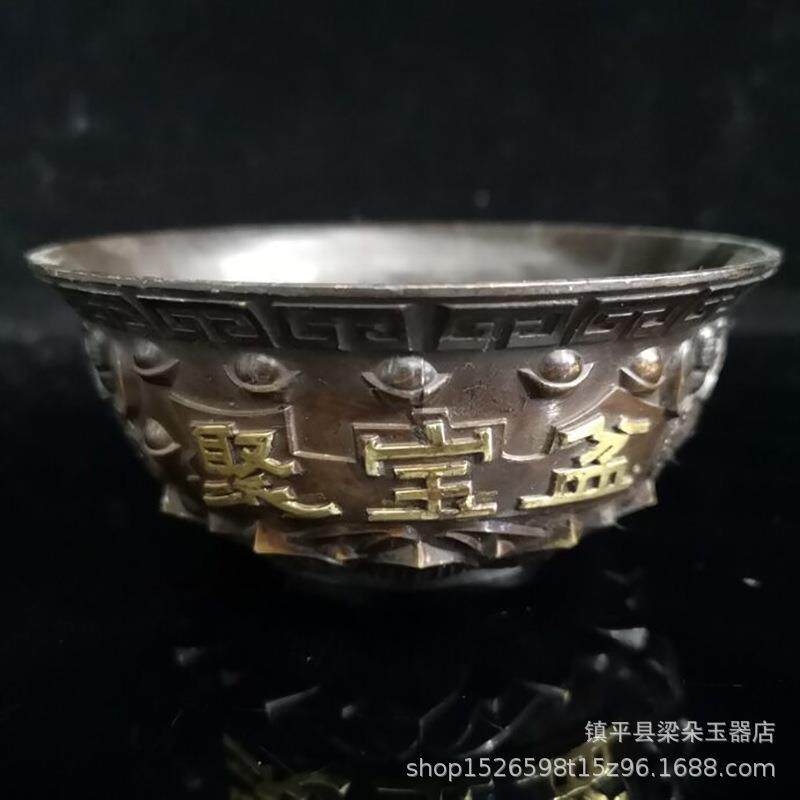 仿古纯铜鎏金聚宝盆家居摆件古玩收藏铜聚宝盆元宝铜盆工艺品