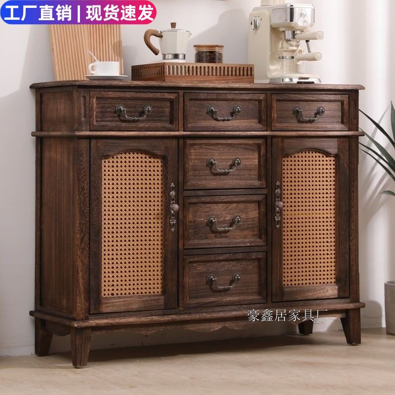 美式实木柜子餐边复古茶水藤编靠墙田园家用客厅收纳储物柜斗柜