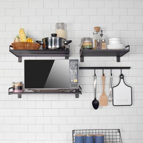 多功能厨房置物架壁挂太空铝黑色微波炉架烤箱架子外贸置物架
