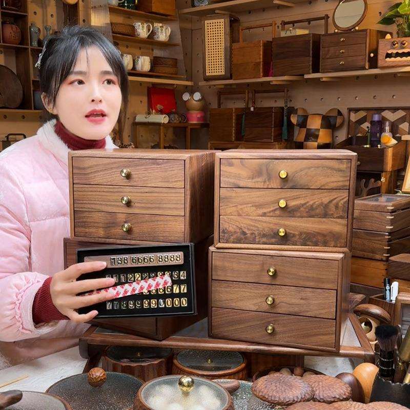 黑胡桃木桌面收纳盒实木收纳整理三层抽屉柜茶饼餐边柜防尘收纳盒