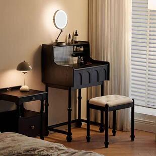 实木小钢琴梳妆台60cm中古小型黑色床头化妆台超窄法式复古化妆桌