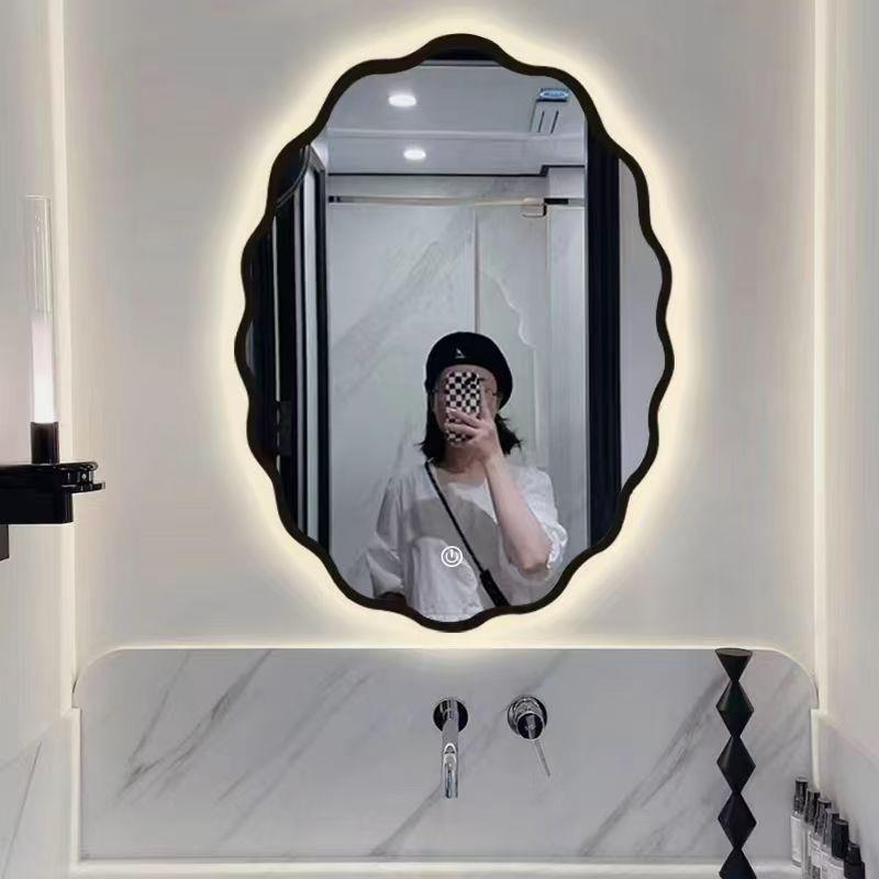 法式铁艺椭圆波浪洗手台卫生间创意壁挂触控带灯LED防雾补光镜子