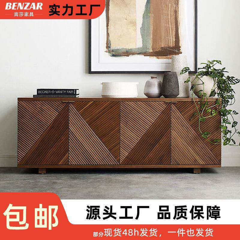 意式极简客厅靠墙实木储物柜设计师民宿茶水置物柜中古雕花收纳柜