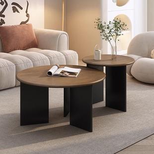 岩板茶几实木圆形小户型简约现代轻奢胡桃木客厅户外家用边角