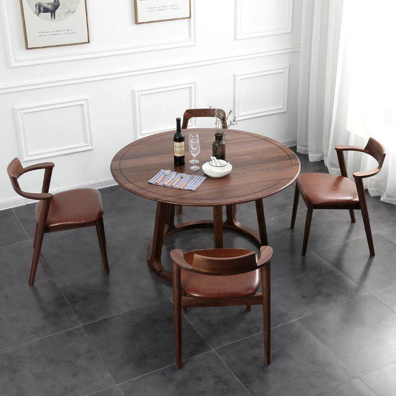 北欧黑胡桃木圆桌简约现代实木四人饭桌日式家用小户型餐桌椅组合