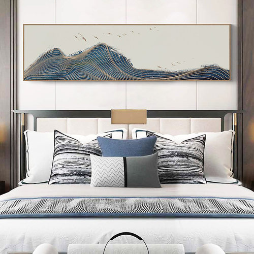 现代轻奢新中式客厅装饰画主卧室床头墙挂画横幅抽象金色线条蓝色