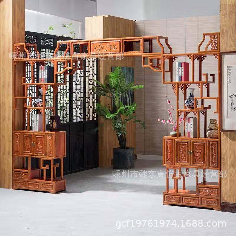 伸缩实木月洞门隔断客厅博古架新中式多宝阁置物架书架仿古复古
