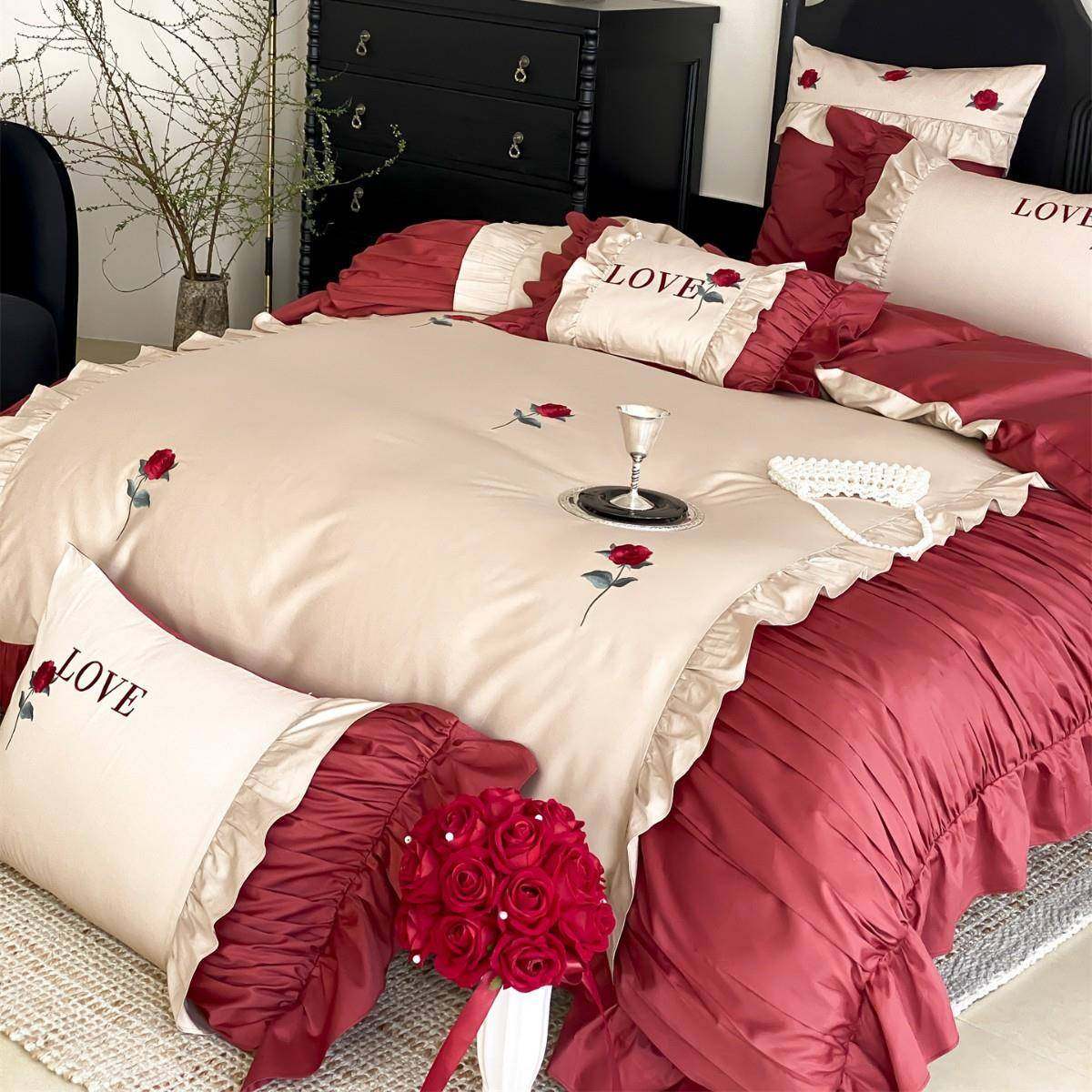 浪漫玫瑰刺绣全棉四件套法式公主风超柔亲肤纯棉床品家纺邂逅玫瑰