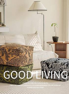 中古风法式复古绿色提花吉象轻奢坐墩客厅卧室软凳沙发脚踏蒲团