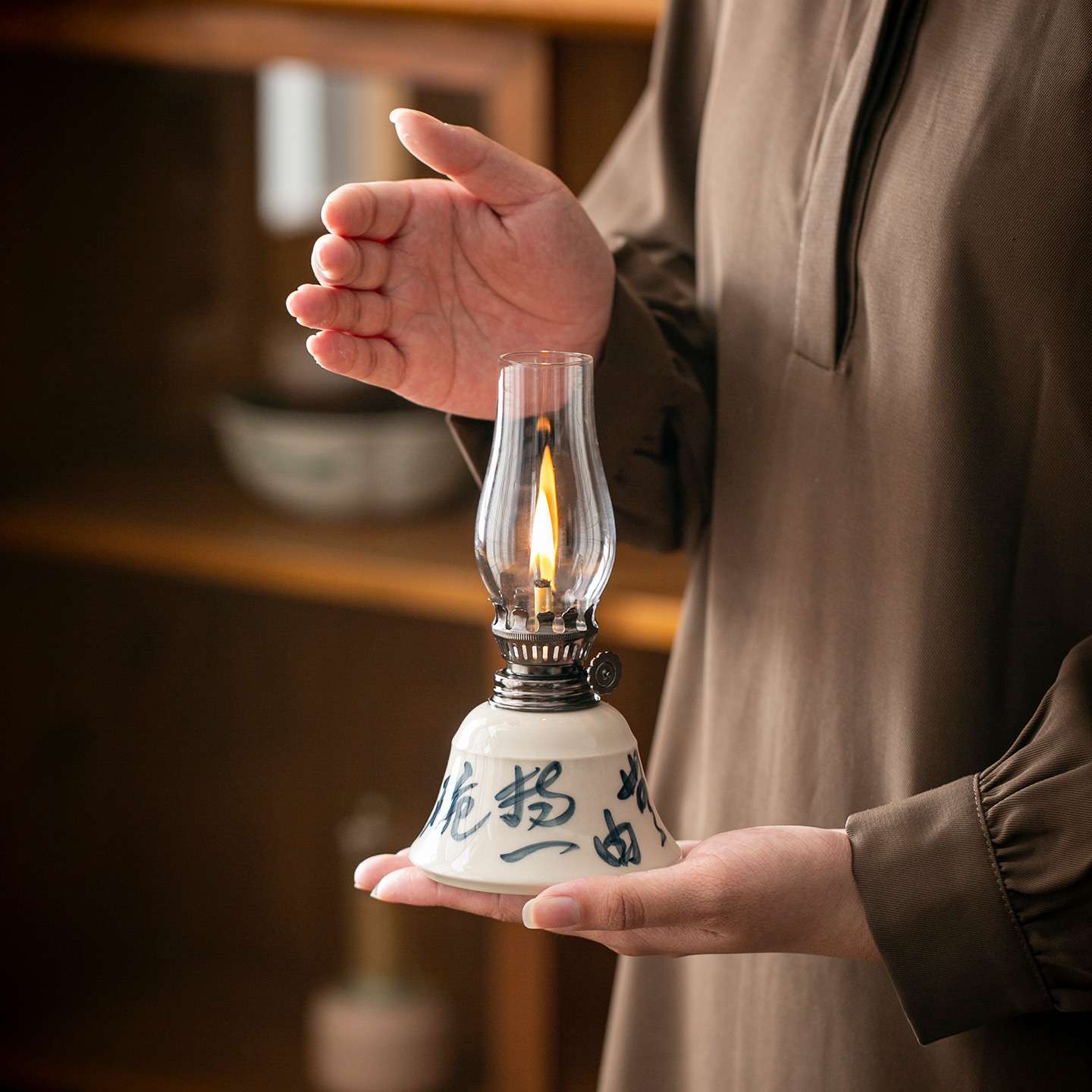 草木灰手写书法陶瓷酥油灯小摆件创意防风煤油灯小夜灯茶室装饰品