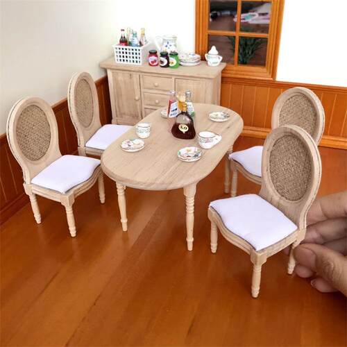1:12迷你娃娃屋餐厅一桌四椅子DOLLHOUSE厨房摆件仿真餐桌椅