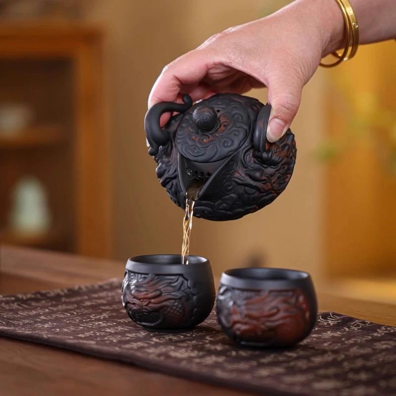 紫陶飞龙手抓壶旅行茶具套装户外便携式一壶二杯功夫泡茶壶喝茶杯